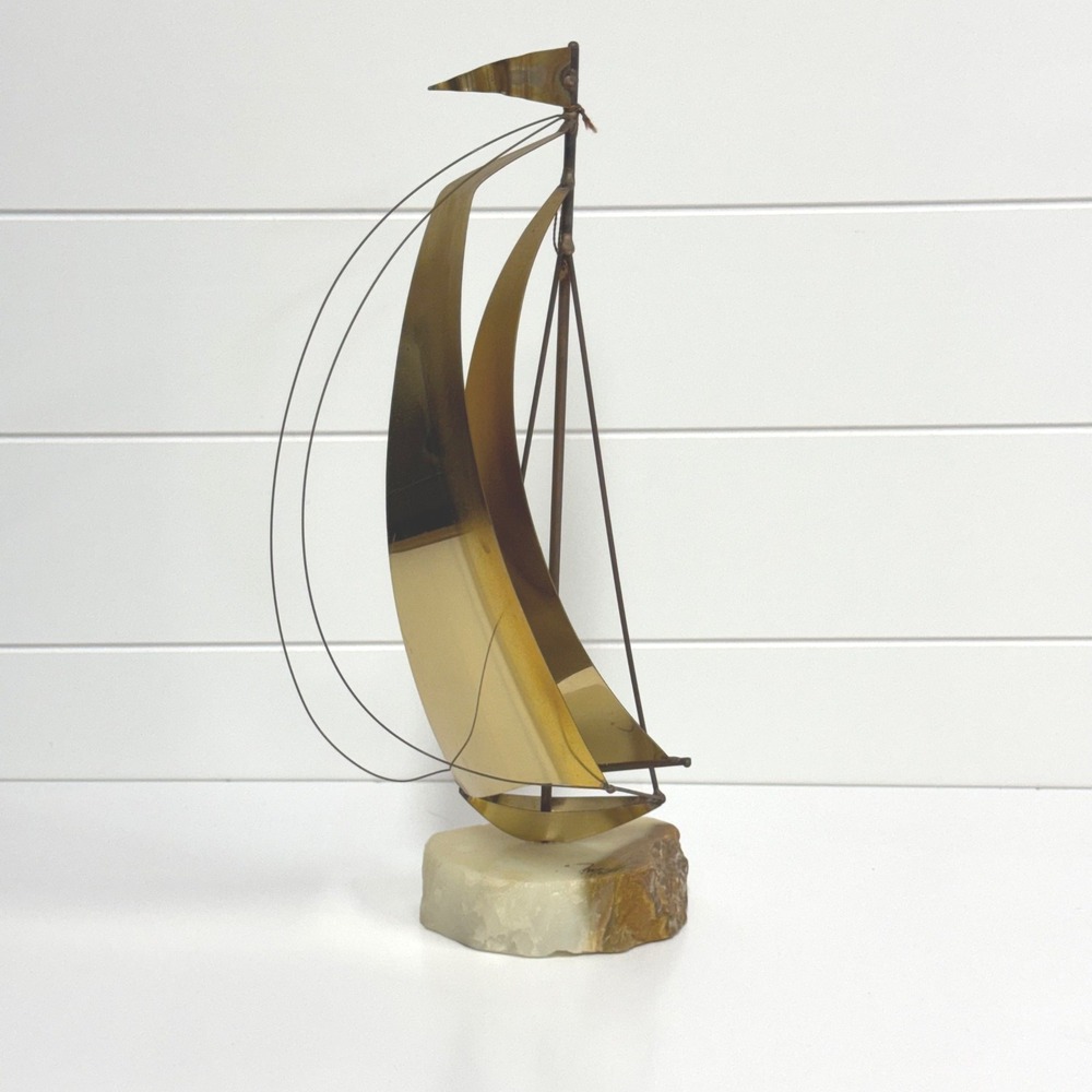Vtg DeMott Brass Sailboat Sculpture on Signed Stone Base Mid Century Nautical